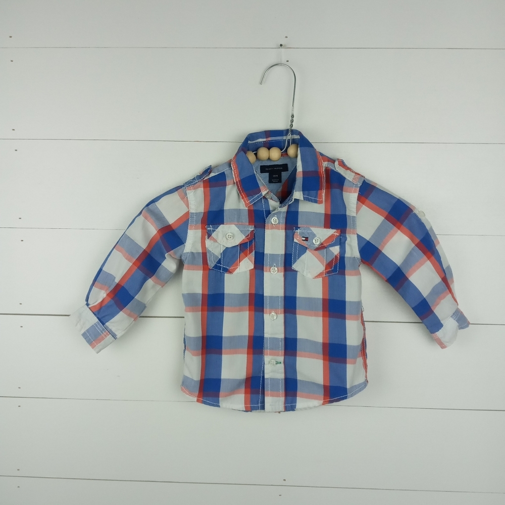 Tommy Hilfiger boys size 18 mos red white blue large plaid button up shirt